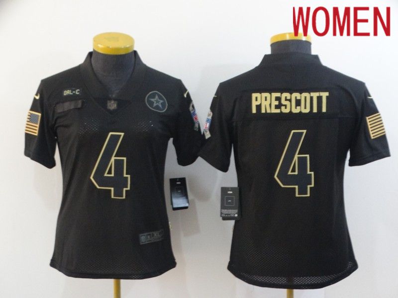 Women Dallas cowboys 4 Prescott Black Retro Gold Lettering 2020 Nike NFL Jersey